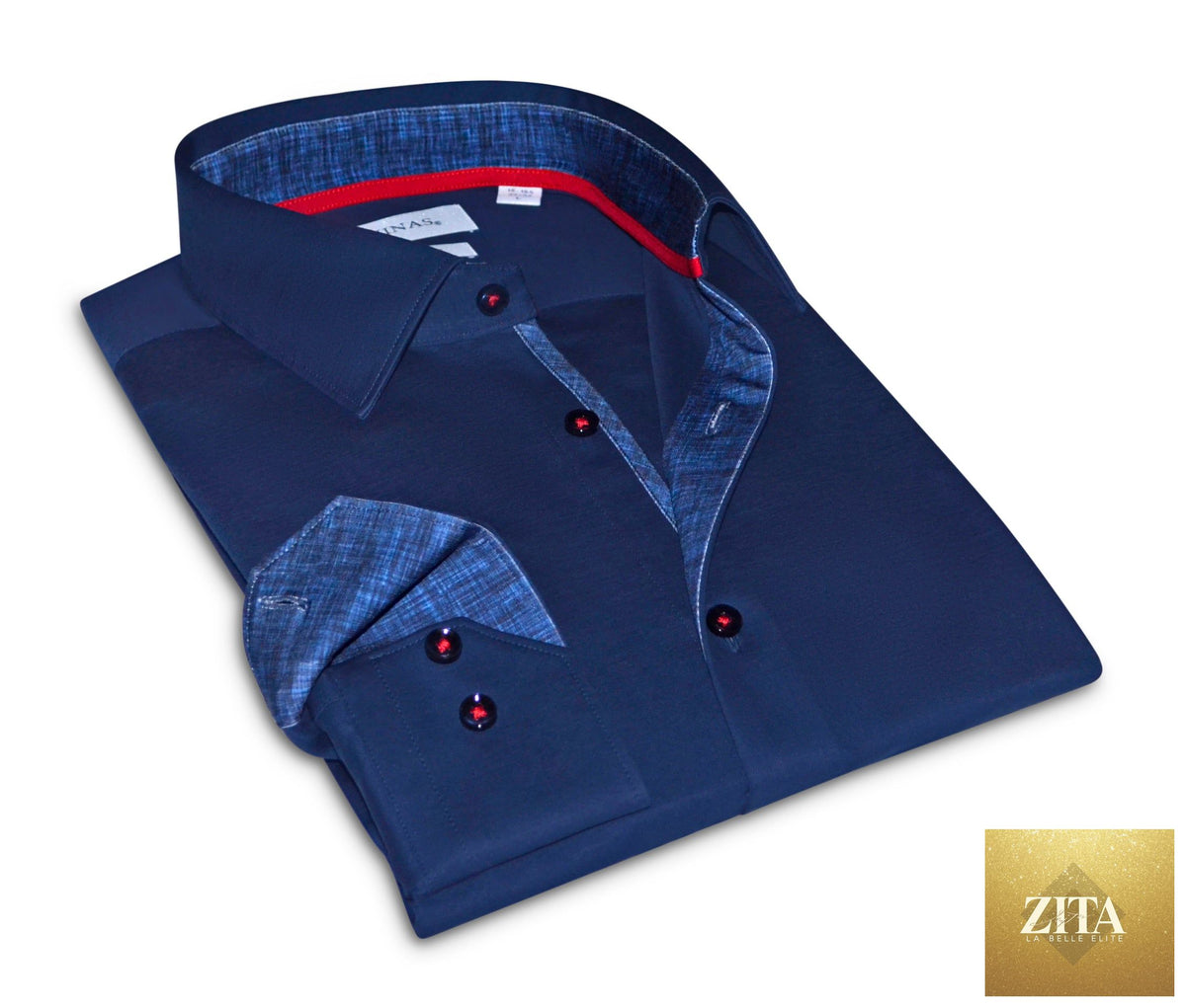 Navy Kevin cotton knit-stretch button-up shirt with contrast details and tailored fit, designed by LEVINAS® Official.
