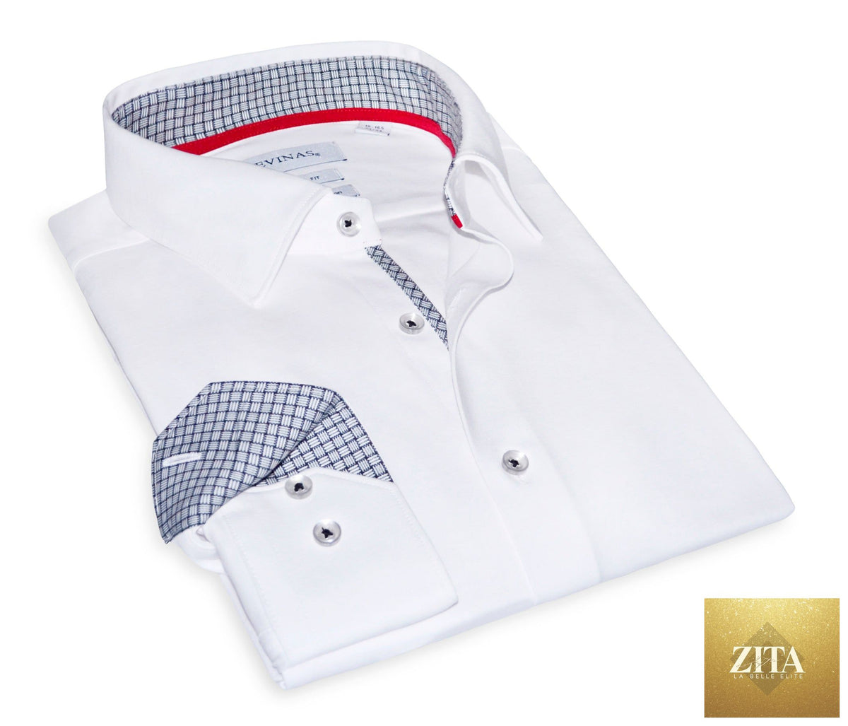 White LEVINAS® Cotton Knit-Stretch button-up shirt with contrast details, tailored fit, and classic collar, suitable for casual or formal wear.