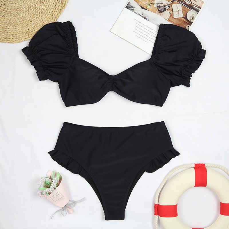 Stevvex high-waist two-piece bikini set with puff sleeves, solid color, backless design, perfect for summer beachwear and swimming.