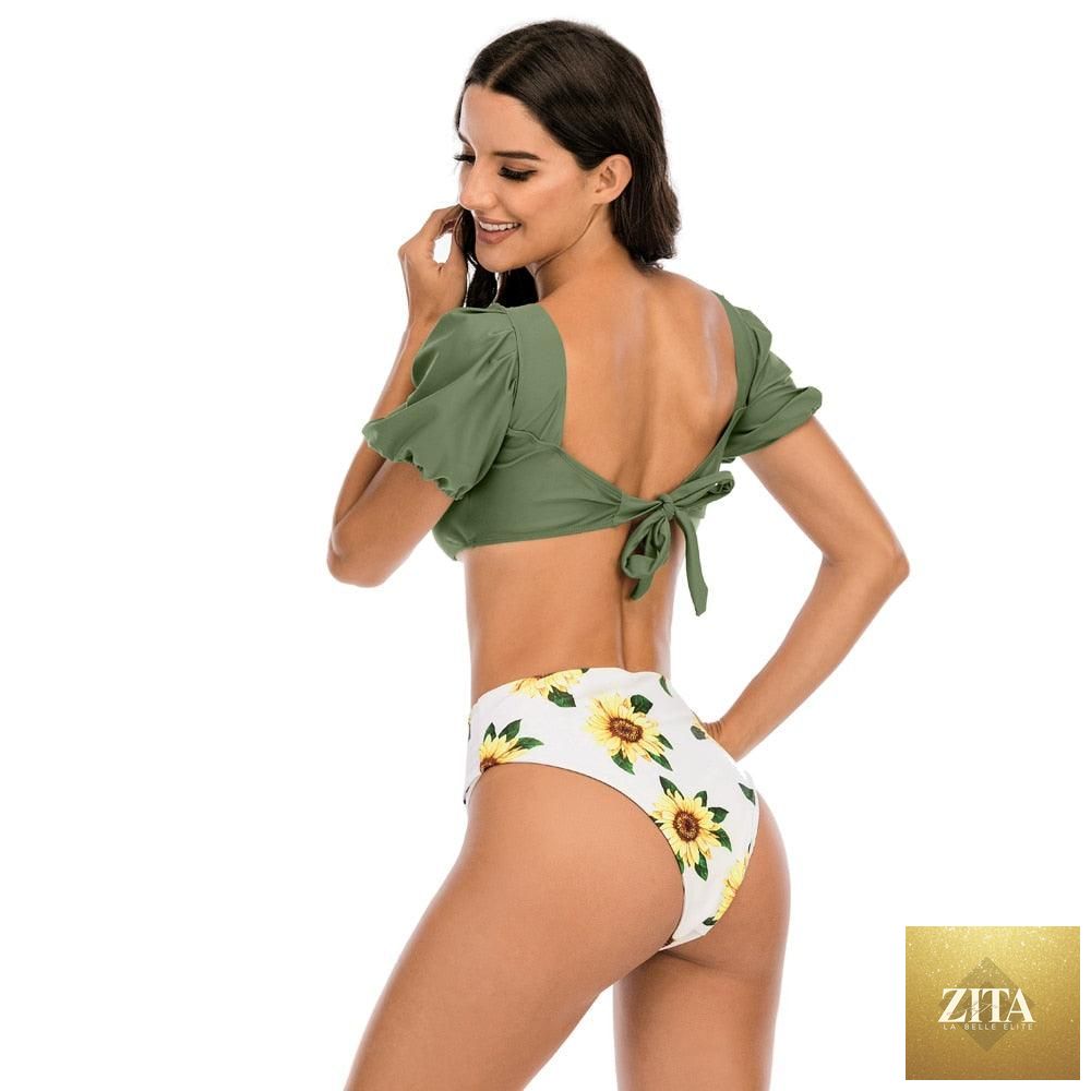 Stevvex high-waist 2-piece bikini set with puff sleeves, solid color, backless design, perfect for summer beachwear.