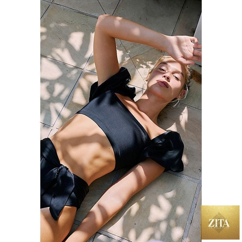 Stevvex high waist 2-piece women's bikini set with puff sleeves, solid color, cut backless design, perfect for summer beachwear.