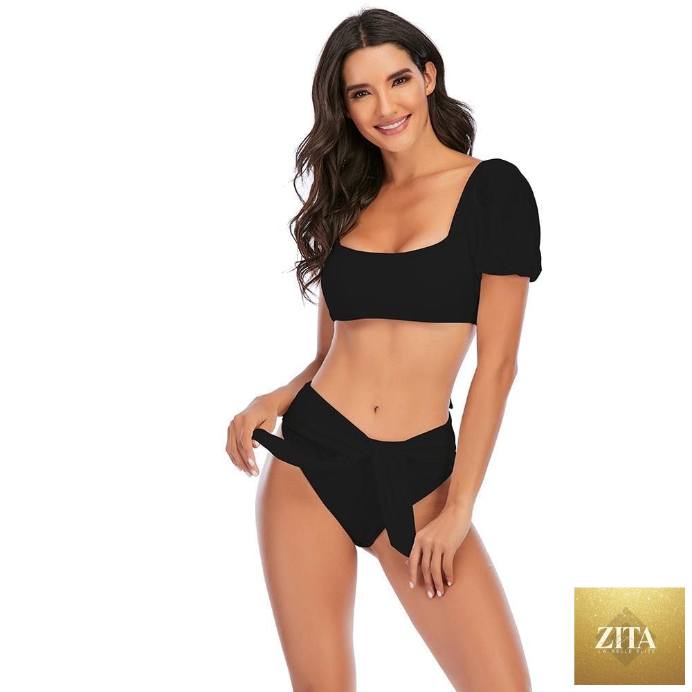 Stevvex high-waist 2-piece bikini set for women with puff sleeves, solid color, backless design, perfect for summer beachwear.