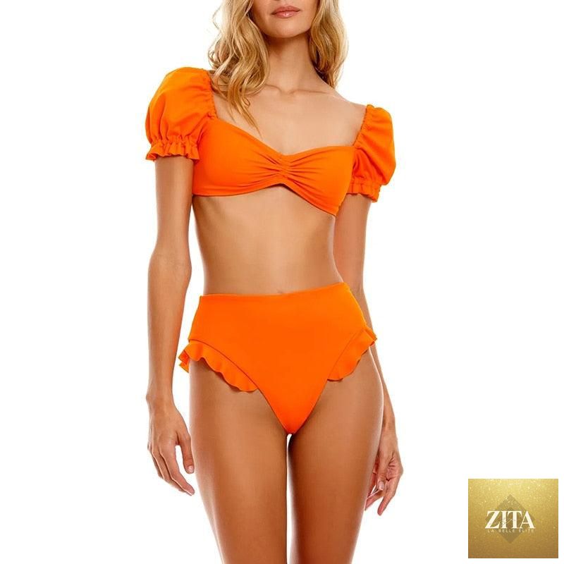 Stevvex women's high-waist 2-piece bikini set with puff sleeves, solid color, backless design, perfect for summer beachwear.
