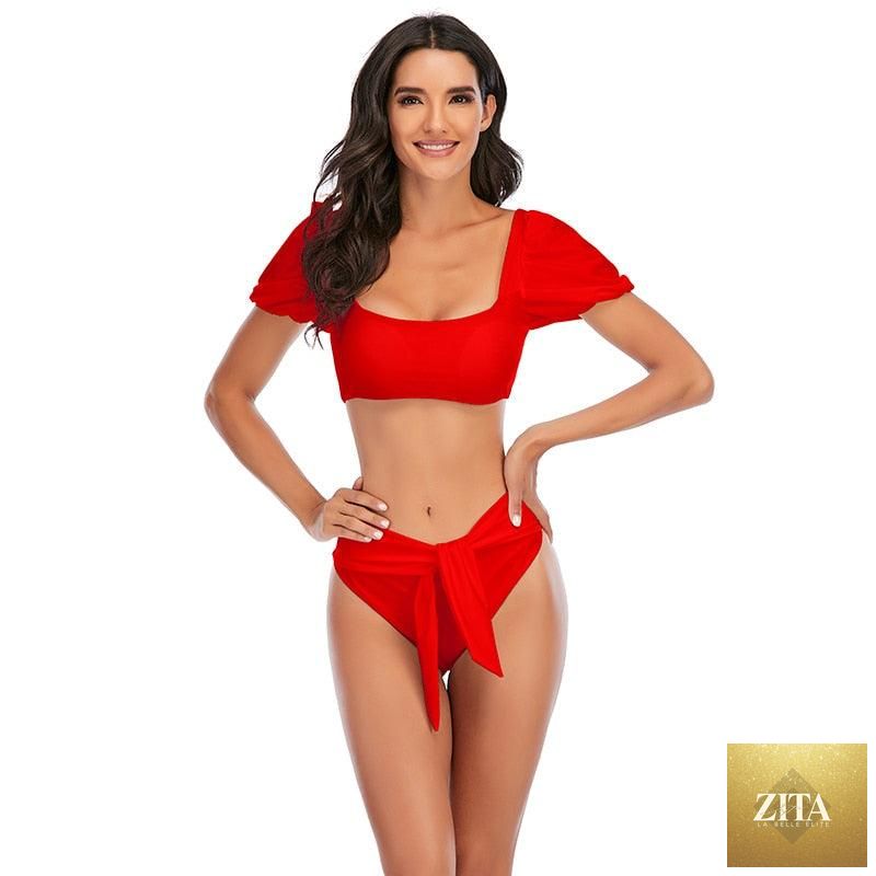 Stevvex high-waist 2-piece women's bikini set with puff sleeves, solid color, backless design, perfect for summer beachwear.