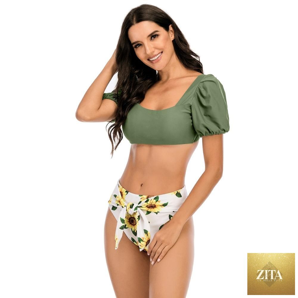 Stevvex high-waist 2-piece bikini set for women with puff sleeves, solid color, backless design, perfect for summer beachwear.