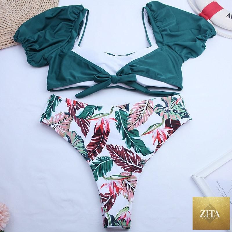 Stevvex high waist 2-piece bikini set for women with puff sleeves, solid color, backless design, perfect for summer beachwear.