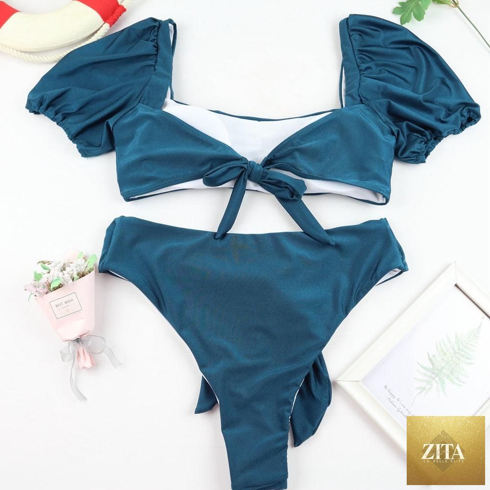 Stevvex high-waist 2-piece bikini set for women with puff sleeves, solid color, backless design, perfect for summer beachwear.