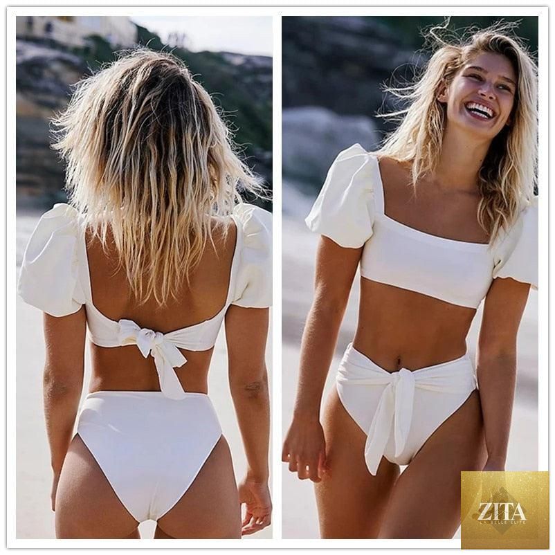 Stevvex high waist 2-piece bikini set for women with puff sleeves, solid color, backless design, ideal for summer beachwear.