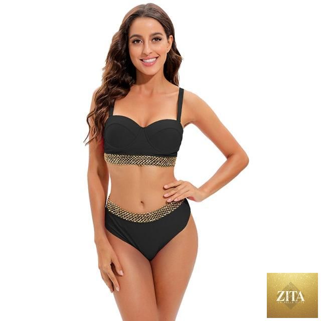 Stevvex high waist two-piece bikini set for women with puff sleeves, solid color, backless design, perfect for summer beachwear.