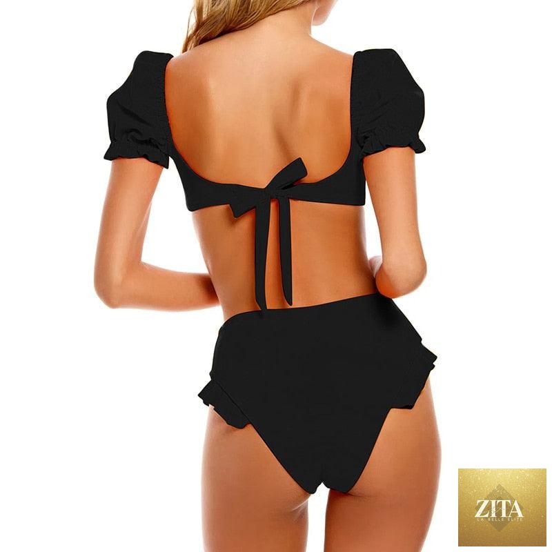 Stevvex high waist 2-piece bikini set for women with puff sleeves, solid color, backless design, perfect for summer beachwear.