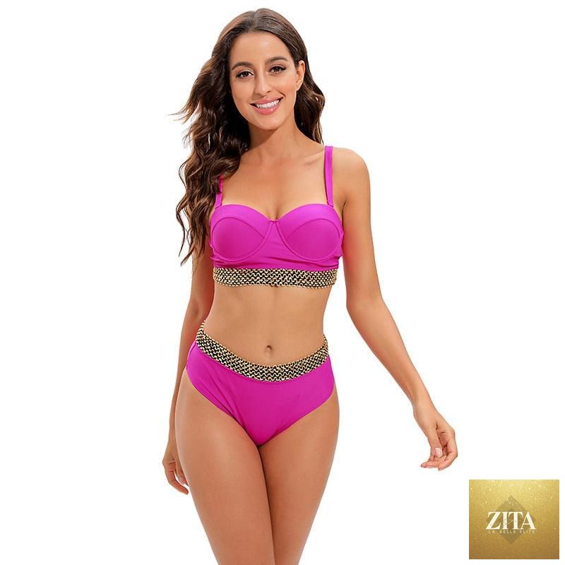 Stevvex women's high-waist 2-piece bikini set with puff sleeves, solid color, backless design, perfect for summer beachwear.
