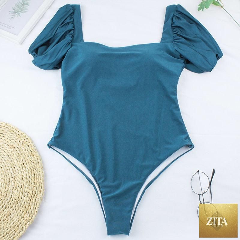 Stevvex high-waist 2-piece bikini set for women with puff sleeves, solid color, backless design, perfect for summer beachwear.