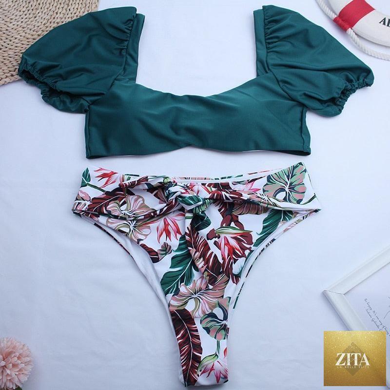 Stevvex high waist 2-piece bikini set with puff sleeves, solid color, backless design, perfect for summer beachwear.