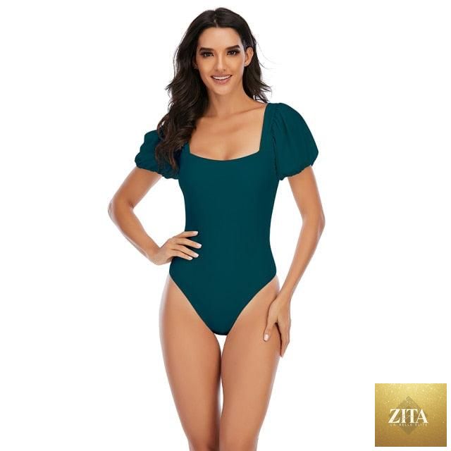 Stevvex high-waist 2-piece bikini set for women with puff sleeves, solid color, backless design, perfect for summer beachwear.