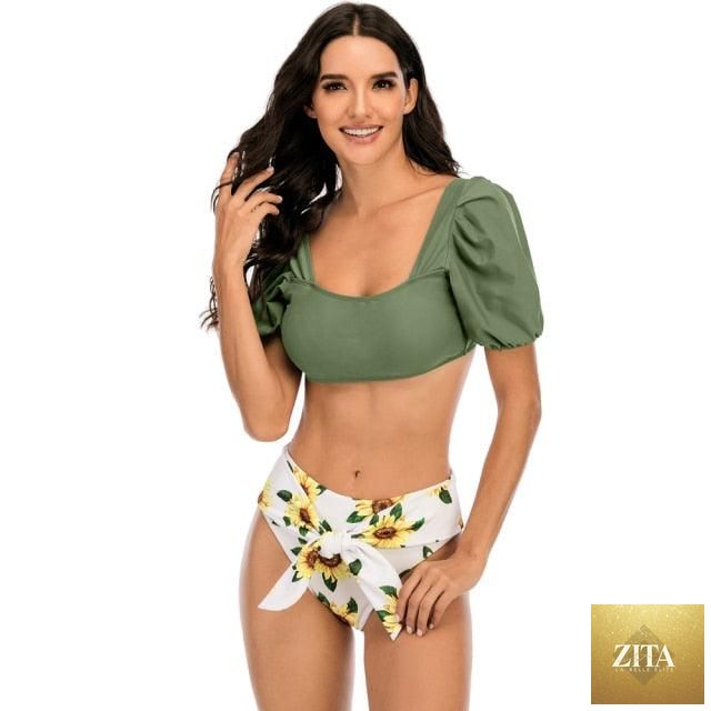Stevvex high-waist 2-piece bikini set with puff sleeves, solid color, backless design, perfect for summer beachwear.