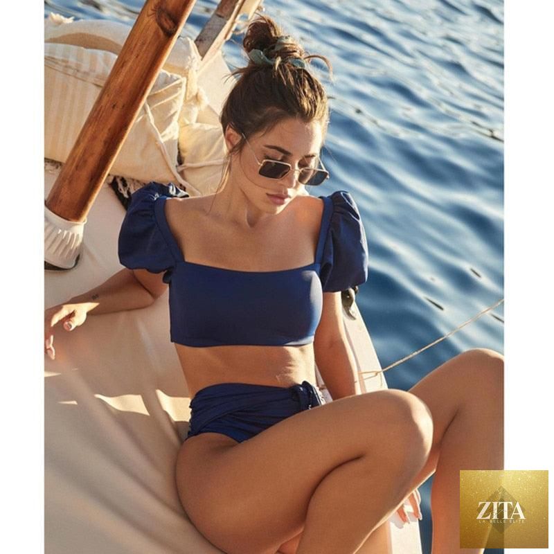 Stevvex high-waist 2-piece bikini set for women featuring puff sleeves, solid color, backless design, perfect for summer beachwear.