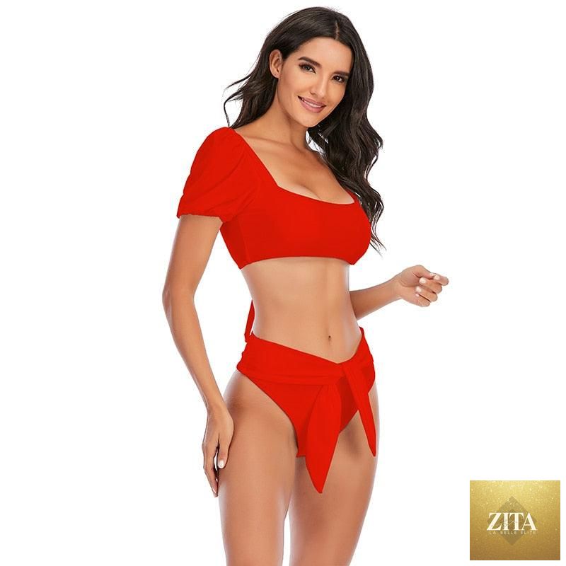 Stevvex high-waist 2-piece bikini set with puff sleeves, solid color, backless design, perfect for summer beachwear and swimming.