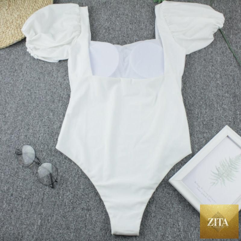 Stevvex women's high-waist bikini set with puff sleeves, solid color, backless design, perfect for summer beachwear.