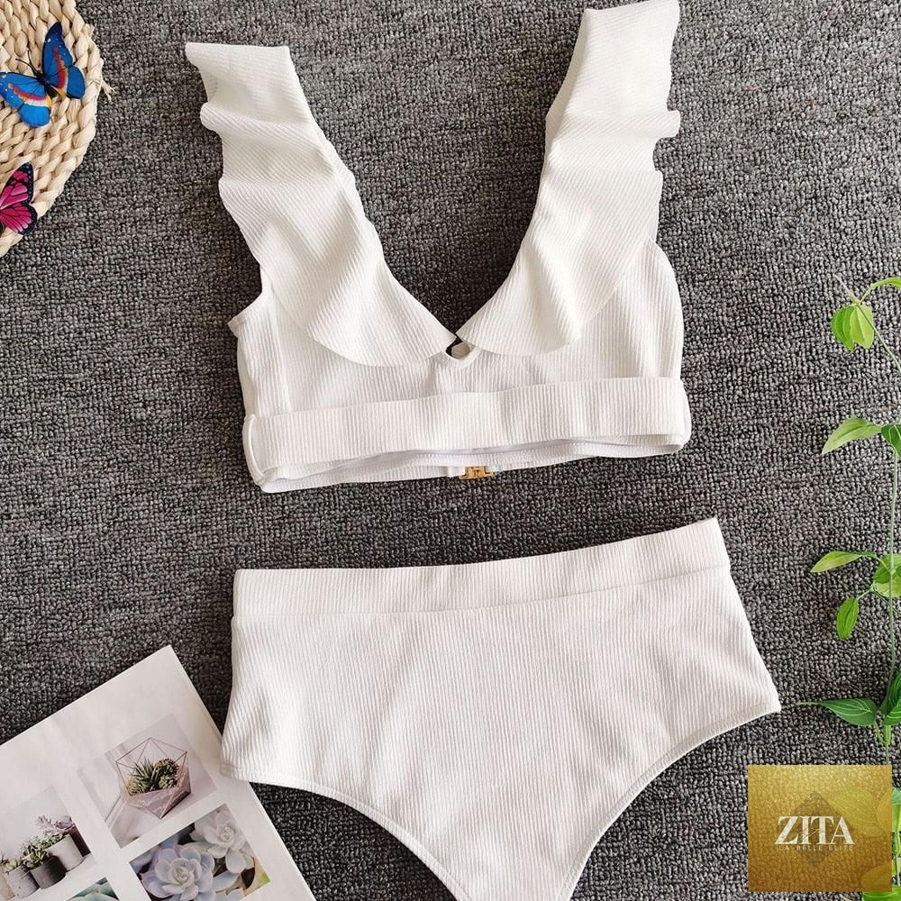 Stevvex high waist 2-piece bikini set for women with puff sleeves, solid color, backless design, ideal for summer beachwear.