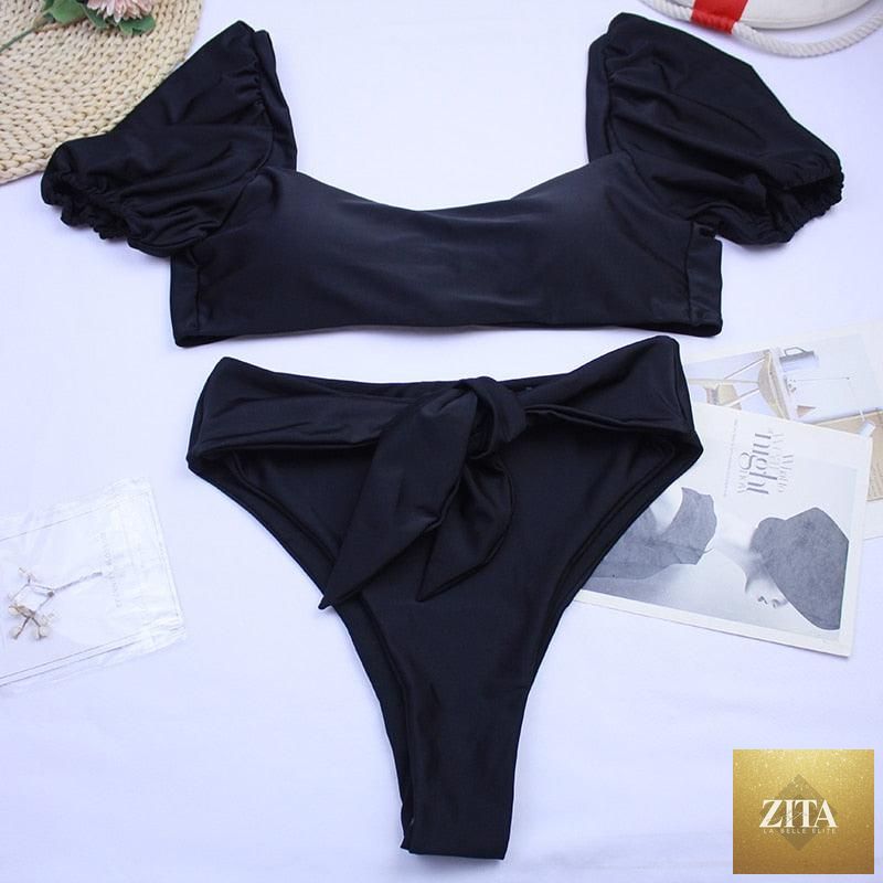 Stevvex high waist 2-piece bikini set with puff sleeves, solid color, backless design, perfect for summer beachwear.