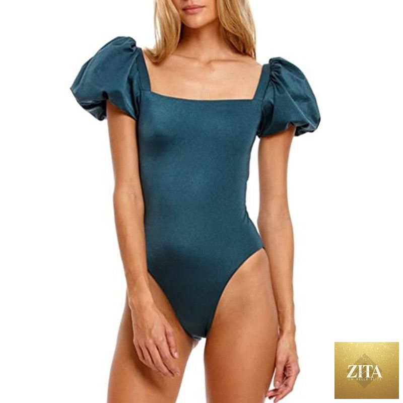 Stevvex high waist 2-piece bikini set for women with puff sleeves, solid color, backless design, perfect for summer beachwear.