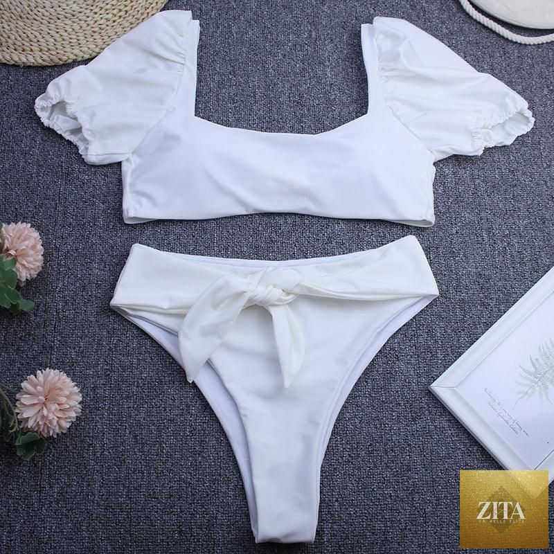 Stevvex women's high waist bikini set with puff sleeves, solid color, backless design, perfect for summer beachwear.