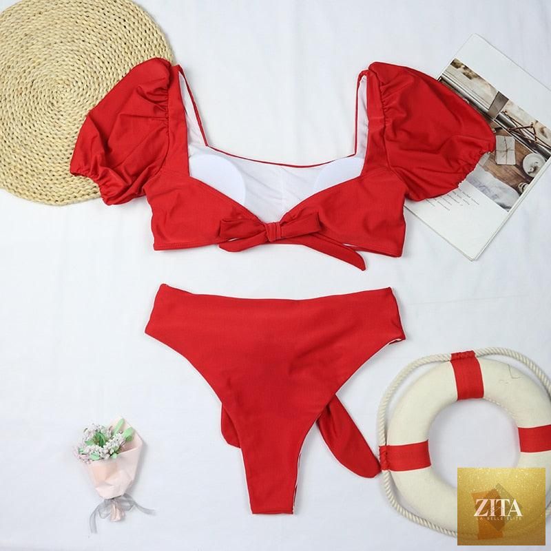 Stevvex high waist 2-piece women's bikini set with puff sleeves, solid color, backless design, perfect for summer beachwear.