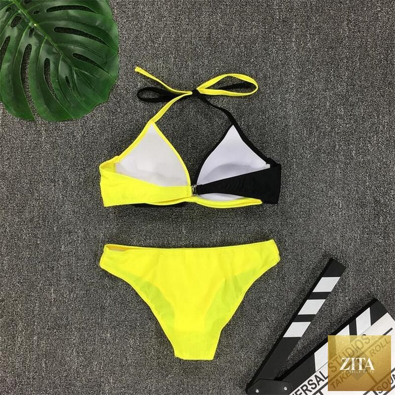 Stevvex women’s push-up bikini set with halter bandage design, featuring padded swimwear and two-piece summer beachwear.