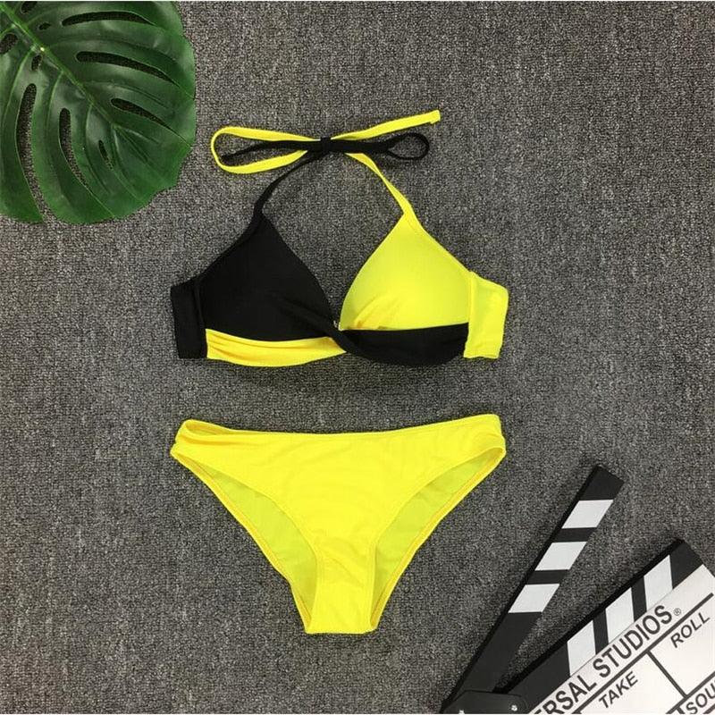 Stevvex women's push-up bikini set with halter bandage design, featuring padded cups, two-piece swimsuit for summer beachwear.
