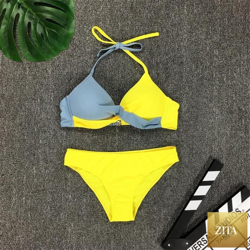 Stevvex women's push-up bikini set with halter bandage top and matching bottoms, perfect for beachwear and summer swimwear.