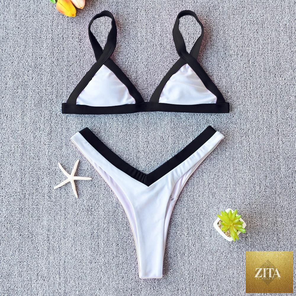 Stevvex solid women's bikini set featuring a push-up design, patchwork pattern, high-leg cut, halter style, ideal for beach and swimming.