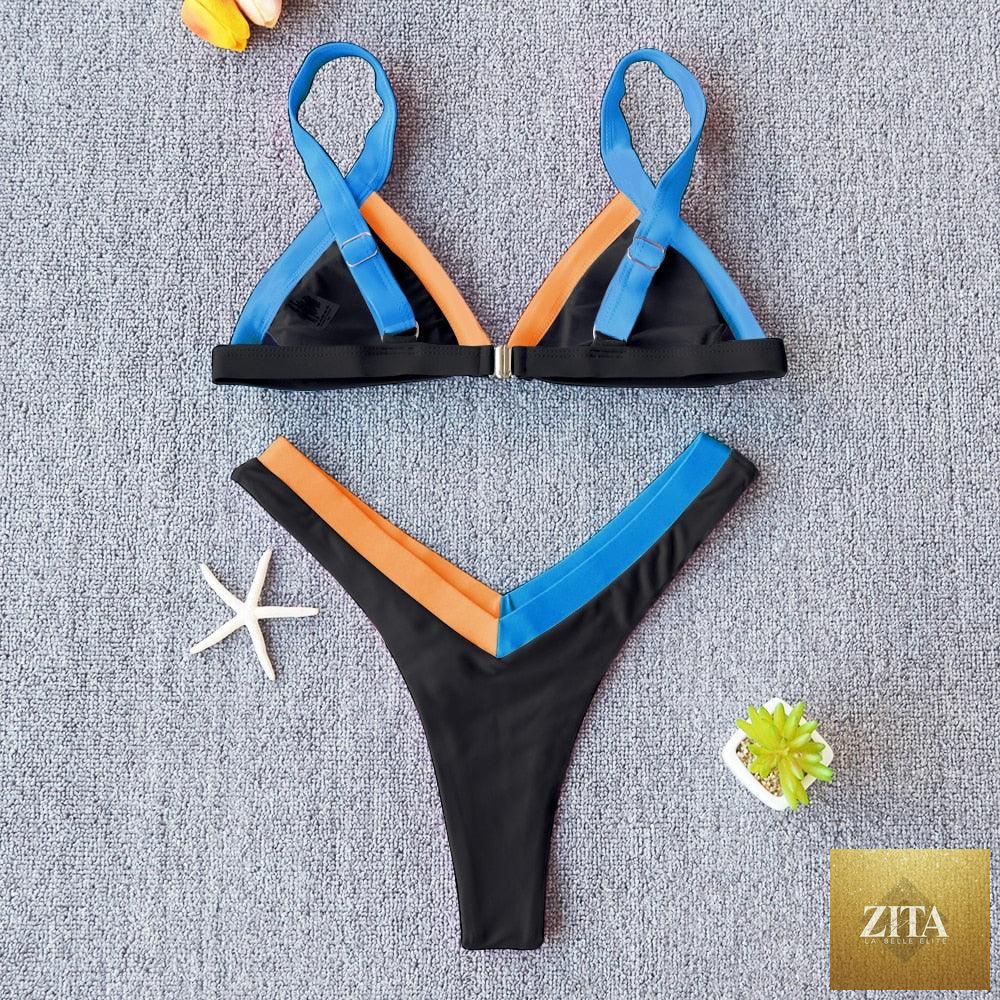 Stevvex solid women's bikini swimsuit with push-up design, patchwork pattern, high-leg cut, halter style, ideal for beach and swimming.
