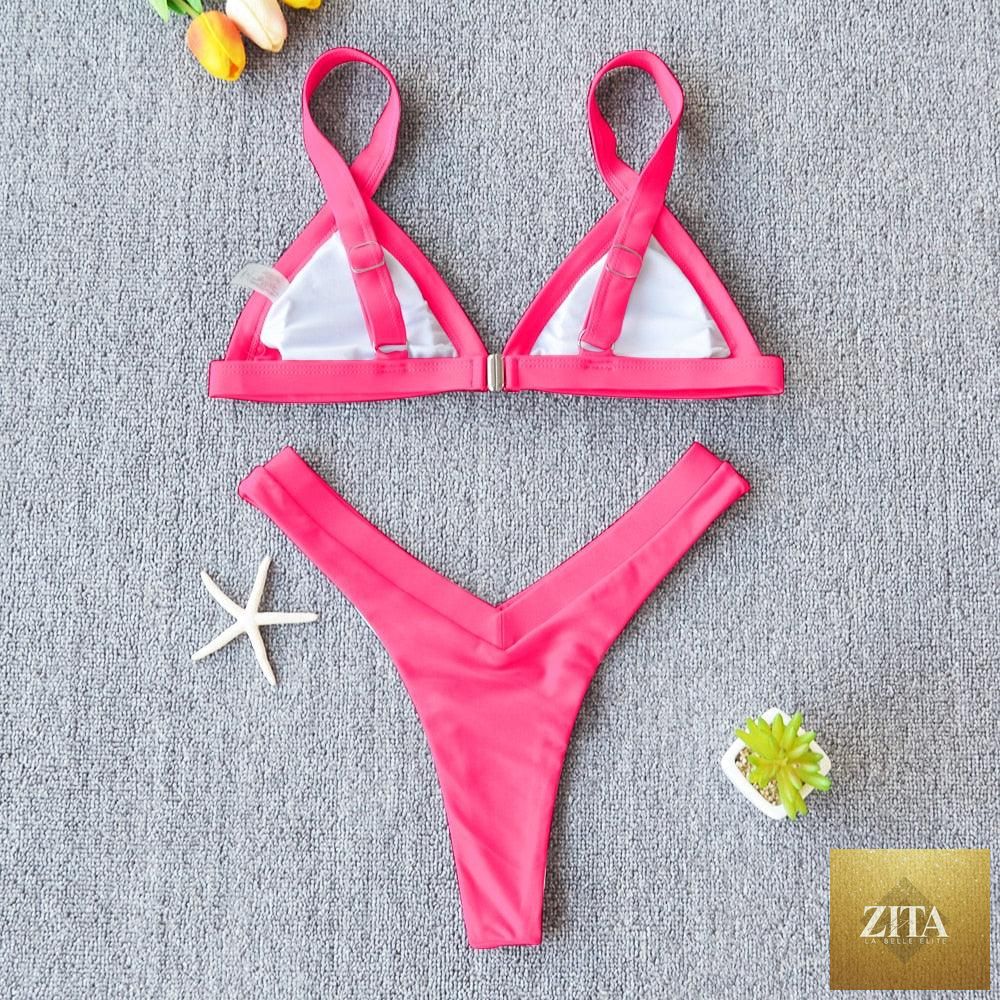 Stevvex solid bikini swimsuit for women featuring a push-up design, patchwork style, high-leg cut, halter neck, ideal for beach and swimwear.