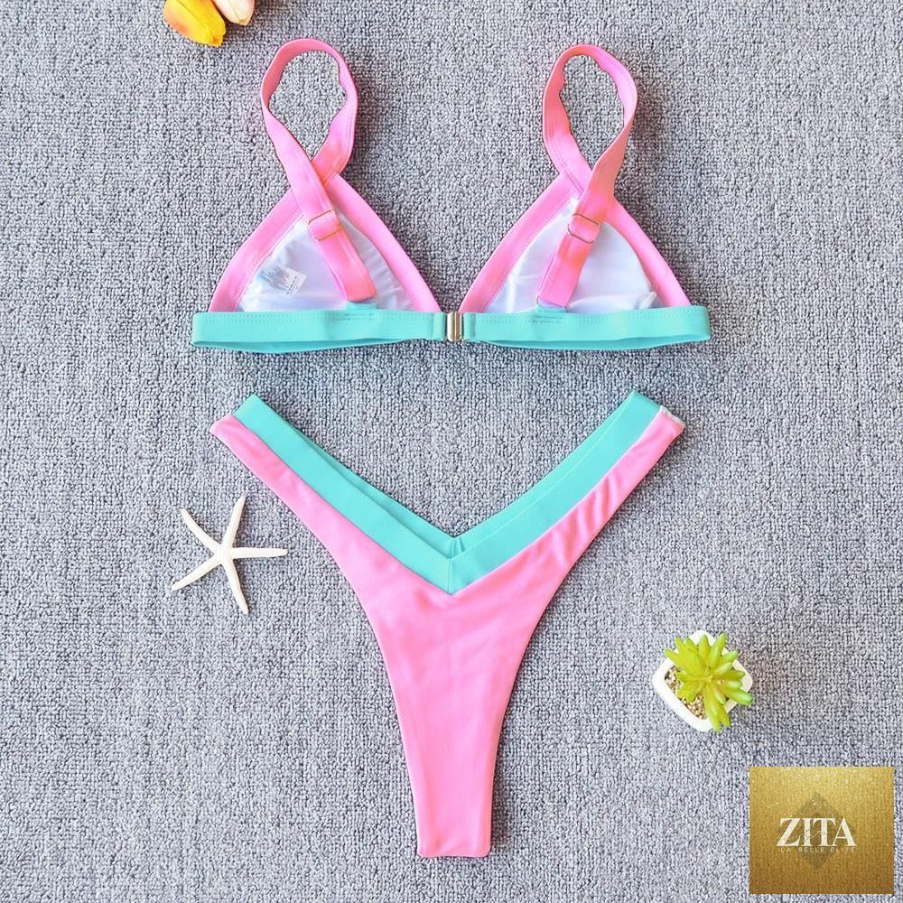 Stevvex solid push-up women's bikini set with high-leg cut, halter style, patchwork design, perfect for summer beach and swimming.