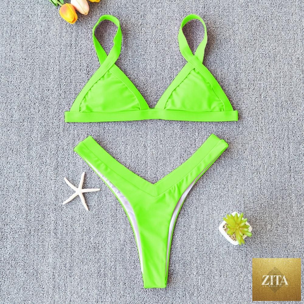 Stevvex solid women's bikini set with push-up design, patchwork pattern, high-leg cut, halter style, perfect for beach and swimming.