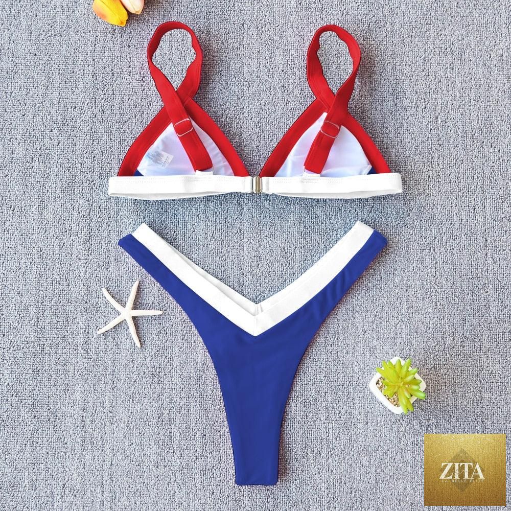 Stevvex solid women’s bikini set with push-up design, patchwork style, halter neck, high-leg cut, ideal for summer beach and swimming.