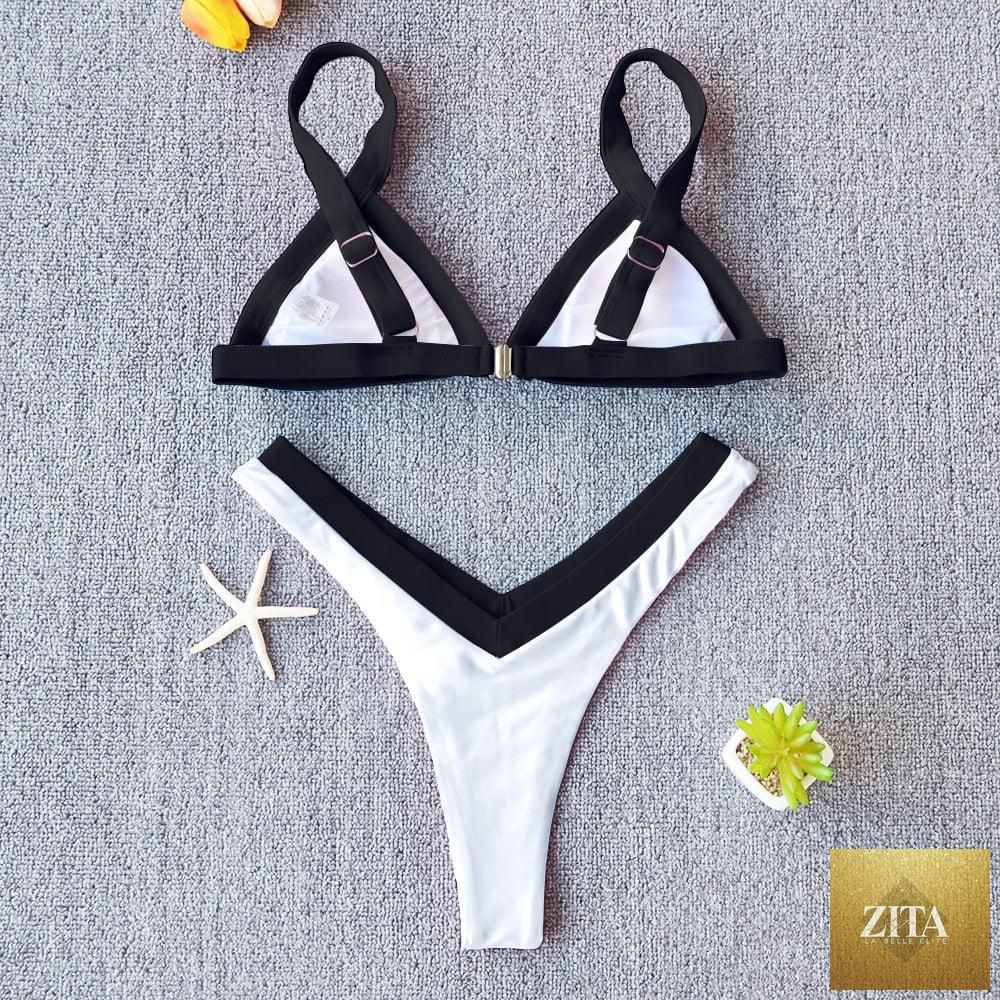 Stevvex high-leg solid bikini for women, push-up swimwear with patchwork design, halter style, perfect for beach and swimming.