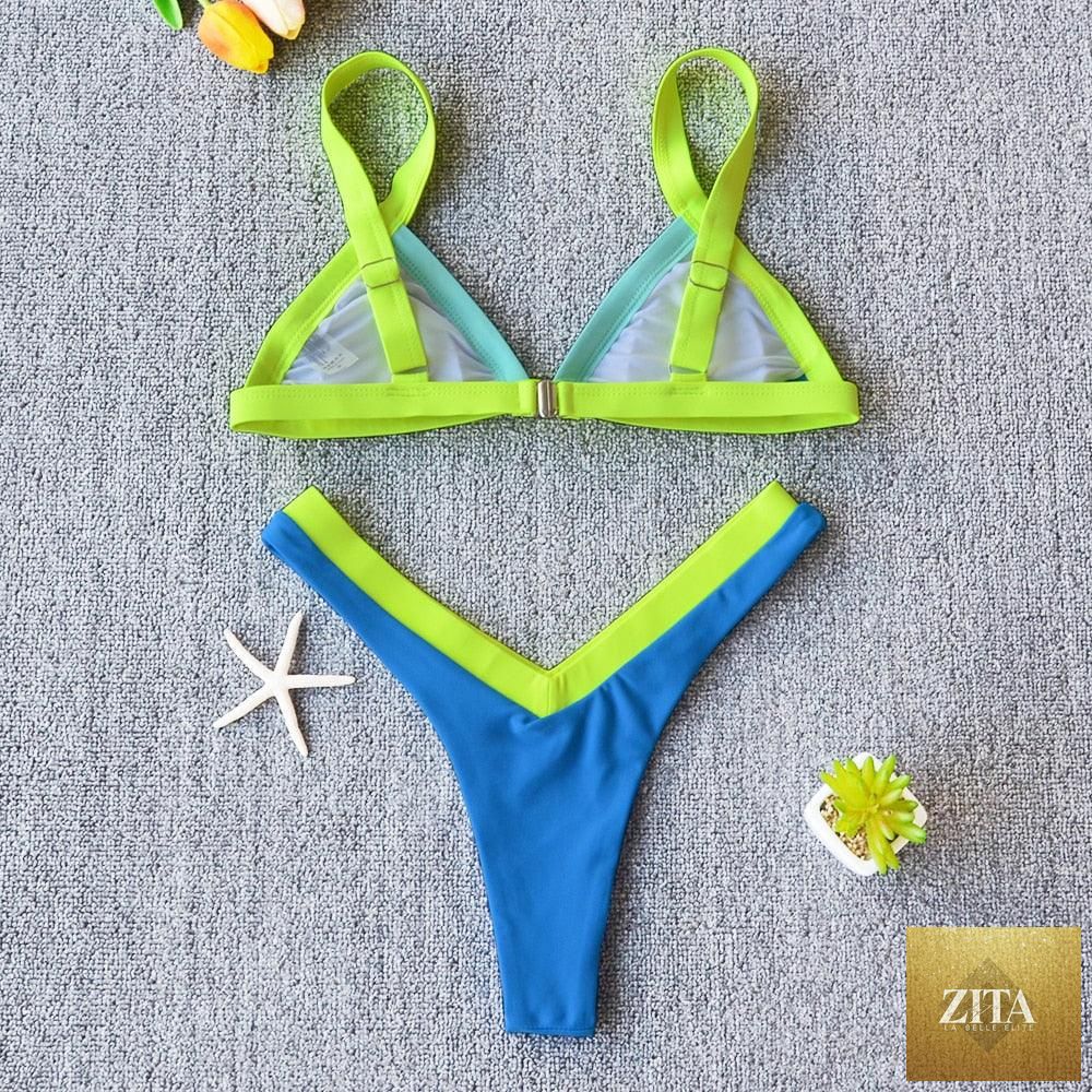 Stevvex solid women's bikini set with push-up design, patchwork pattern, halter style, high-leg cut, ideal for summer beach and swimming.