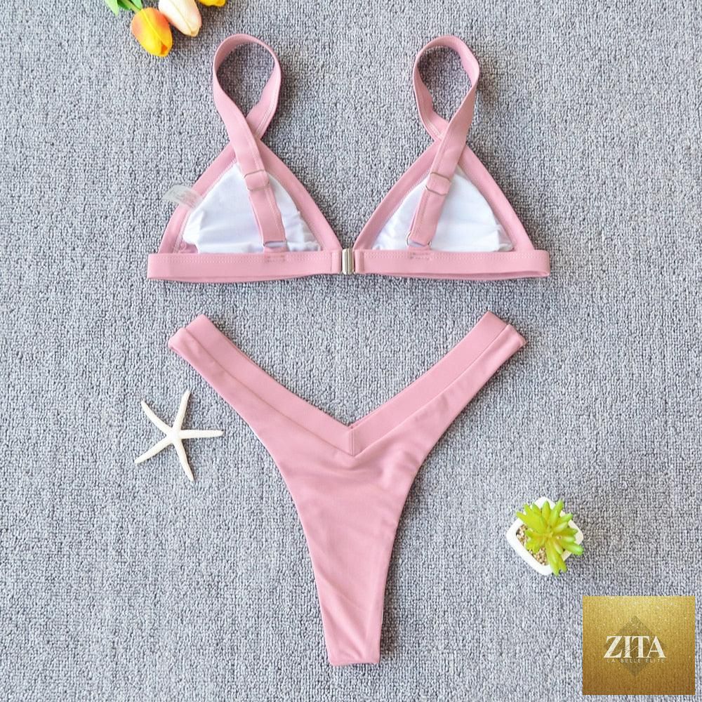 Stevvex solid women’s push-up bikini set with patchwork design, high-leg cut, halter style, ideal for beach swimming and summer travel.