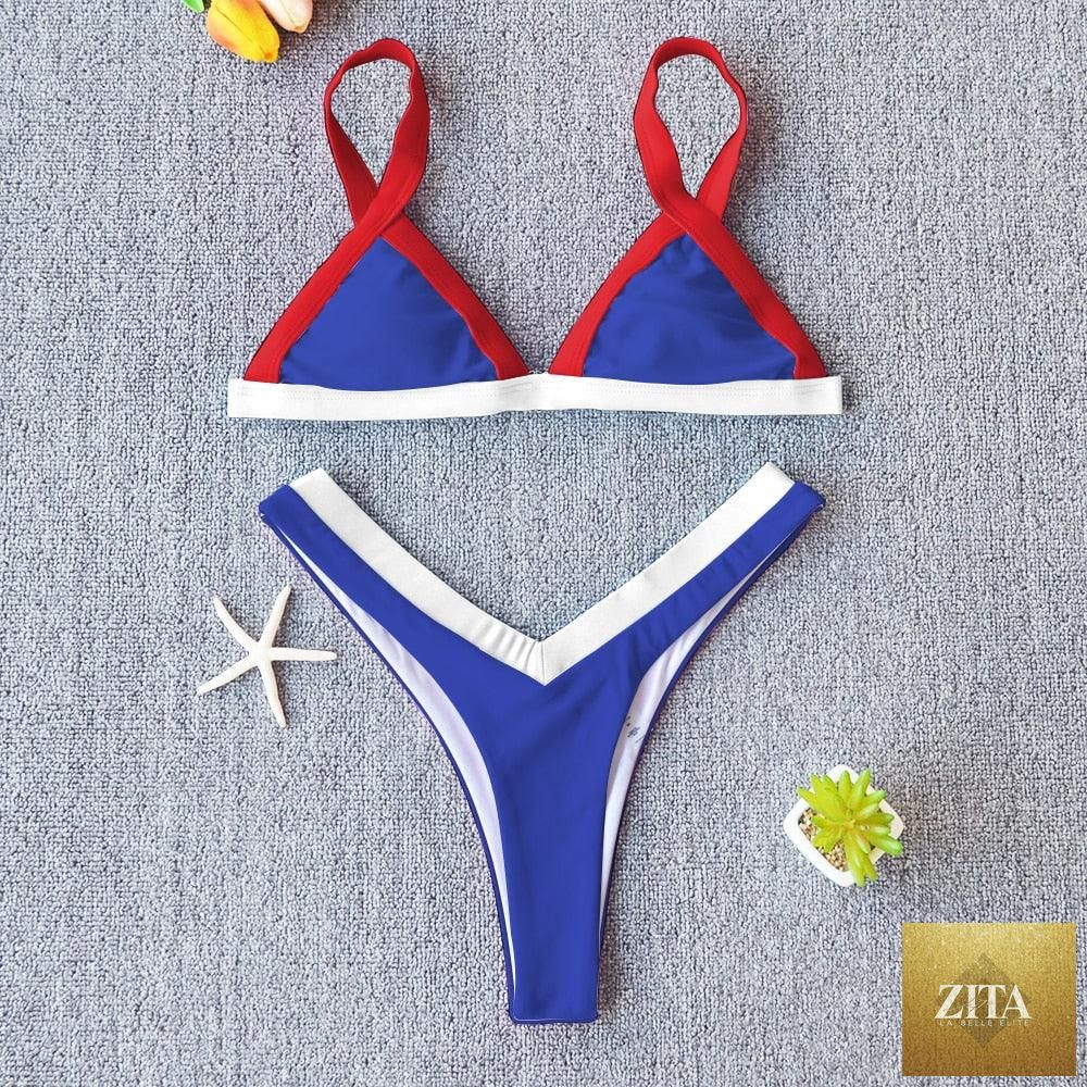 Stevvex solid women’s bikini set with push-up design, patchwork pattern, halter style, high-leg cut, perfect for beach and swimming.
