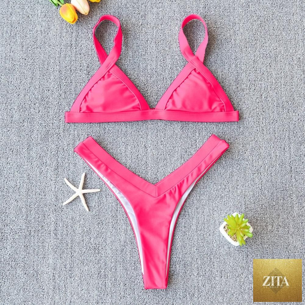 Stevvex solid women’s push-up bikini set with patchwork design, high-leg cut, halter neckline, ideal for beach swimming and summer travel.