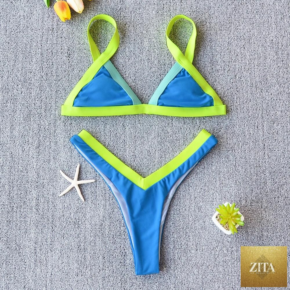 Stevvex solid women's bikini swimsuit with patchwork design, push-up style, halter neck, high-leg cut, perfect for beach and swimming.