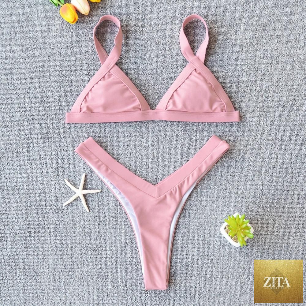 Stevvex solid women's bikini swimsuit with push-up design, patchwork style, high-leg cut, halter neck, ideal for beach and swimming.
