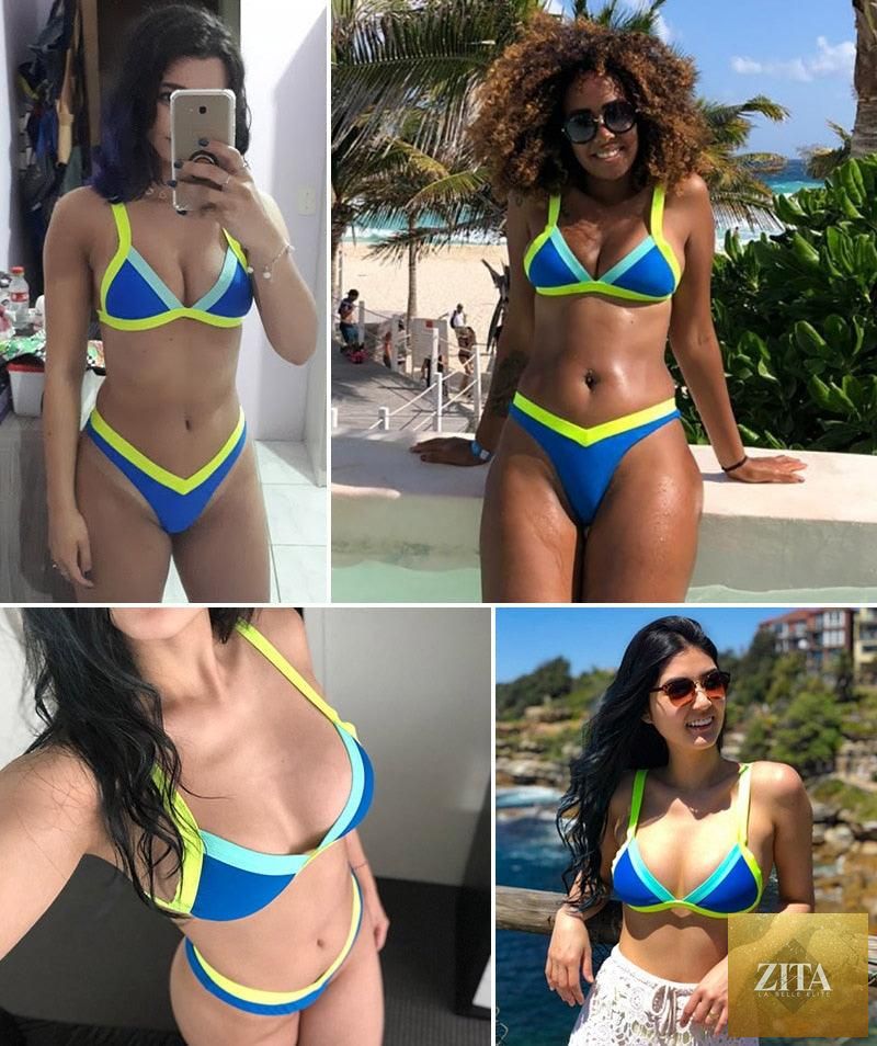 Stevvex women's solid bikini swimsuit with push-up design, patchwork style, high-leg cut, halter top, ideal for beach and swimming.