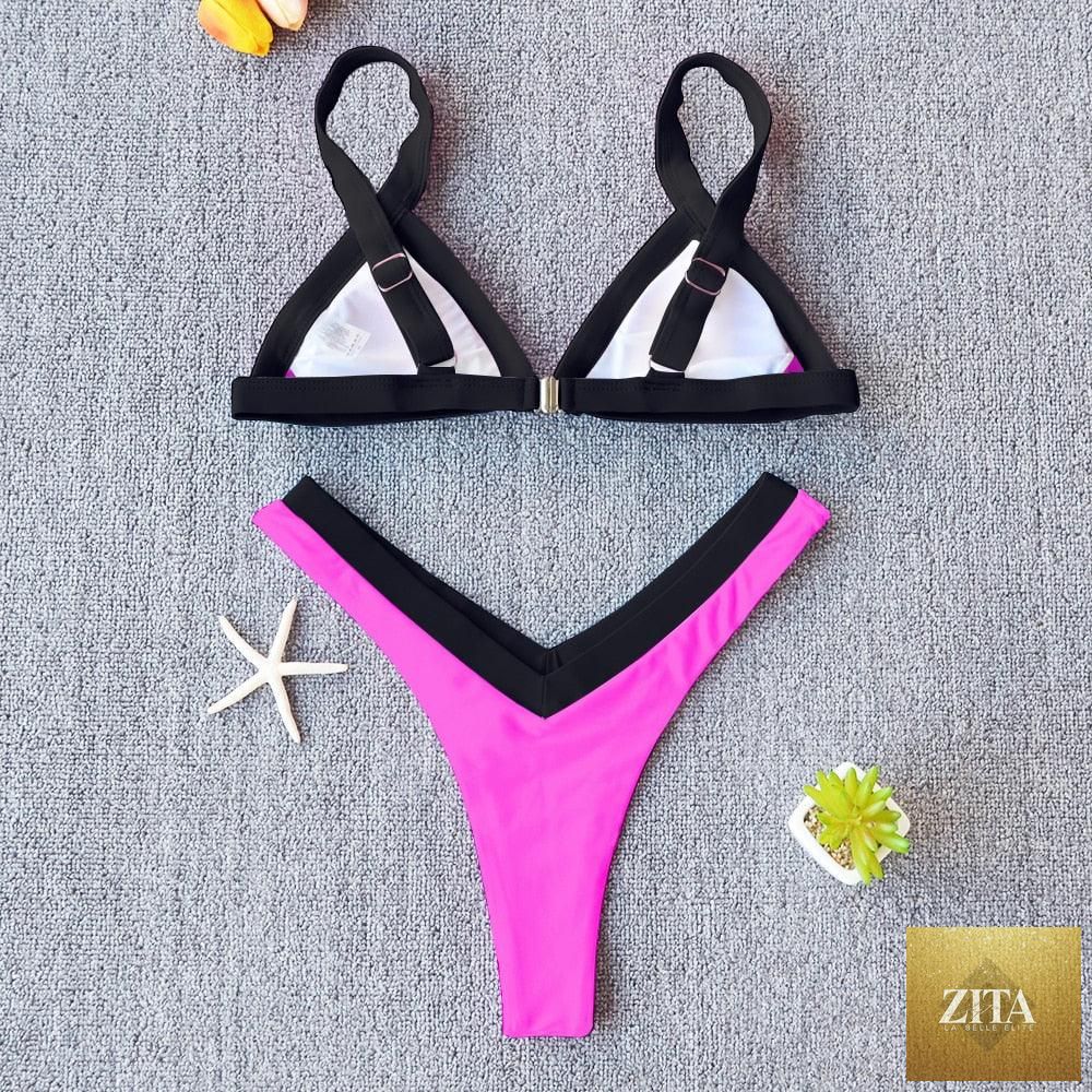 Stevvex solid bikini set for women, push-up halter style with patchwork design, high-leg cut, perfect for summer beach swimming.
