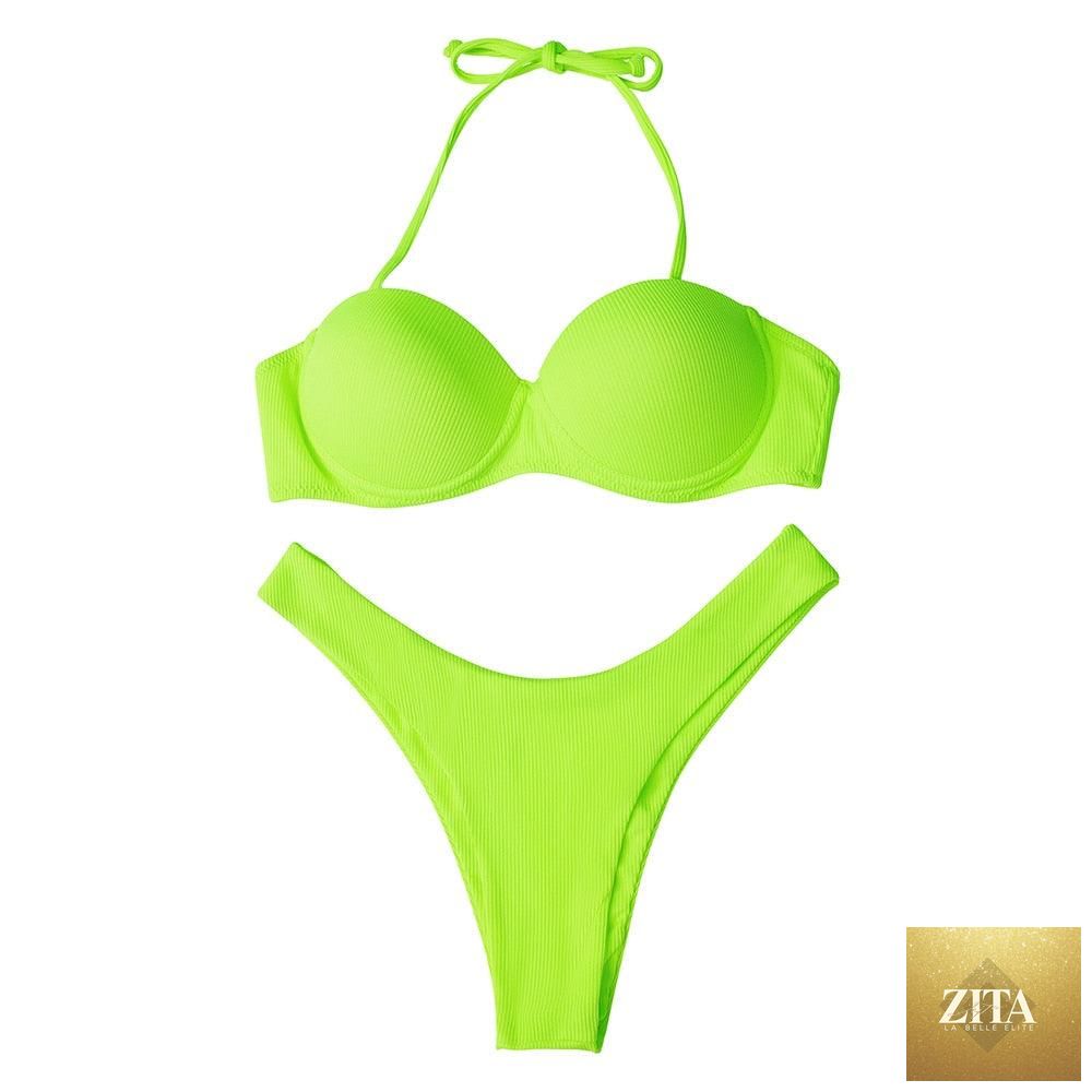 Leopard bikini set for women featuring halter triangle top and cheeky bottoms, ideal for beach and summer swimwear.