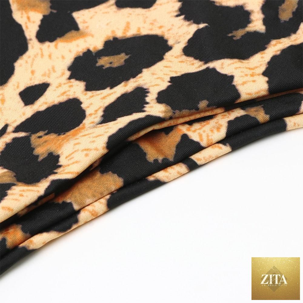Leopard print bikini set for women with halter triangle top and cheeky bottoms, perfect for summer beach wear.