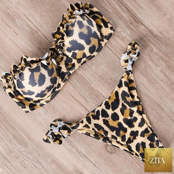 Stevvex leopard bikini set with halter triangle top and cheeky bottoms, perfect for summer beach wear.