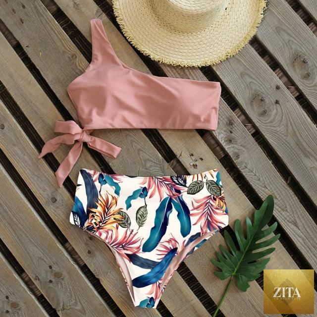 Stevvex women's push-up one-shoulder bikini set with colorful print, high-waist design, lightweight and comfortable for beach swimming.