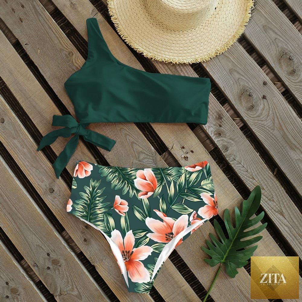 Stevvex one-shoulder push-up women's bikini with print, high waist, lightweight design, perfect for beach swimming and sunbathing.